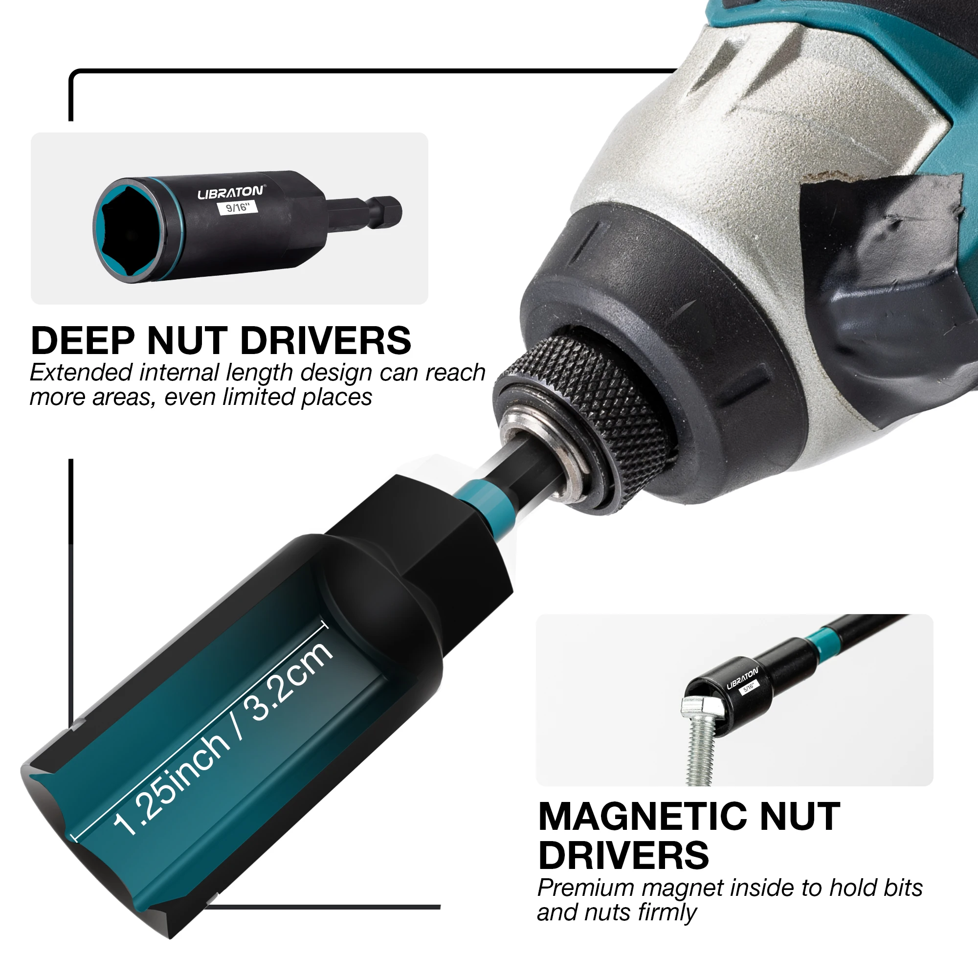 16xMagnetic Nut Driver Set SAE Nut Driver for Impact Drill Deep Nut Driver Set Impact Driver Bit Set with Toolbox for Car Repair