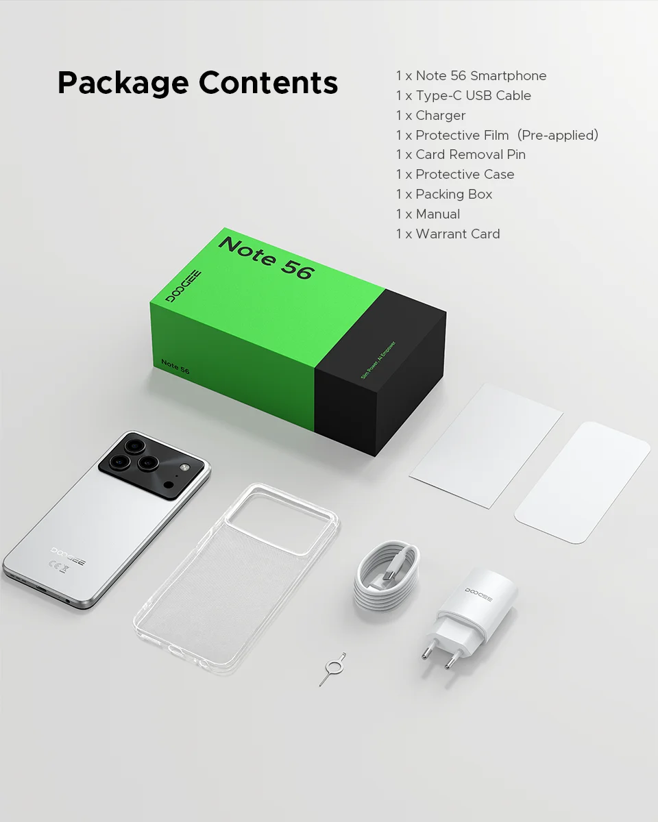 Global Version DOOGEE Note 56 Smartphone Android 16 6150mAh Large Battery 6.56'' 90Hz Display 24GB 64GB Mobile Phone