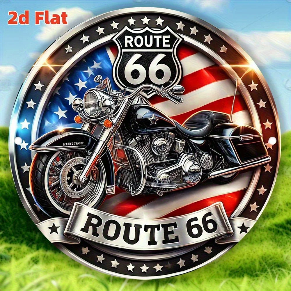 2D Flat, Vintage Route 66 Motorcycle Metal Sticker,20x20cm - Retro American Flag Design, Aluminum Wall Art, Suitable for Home, view 3