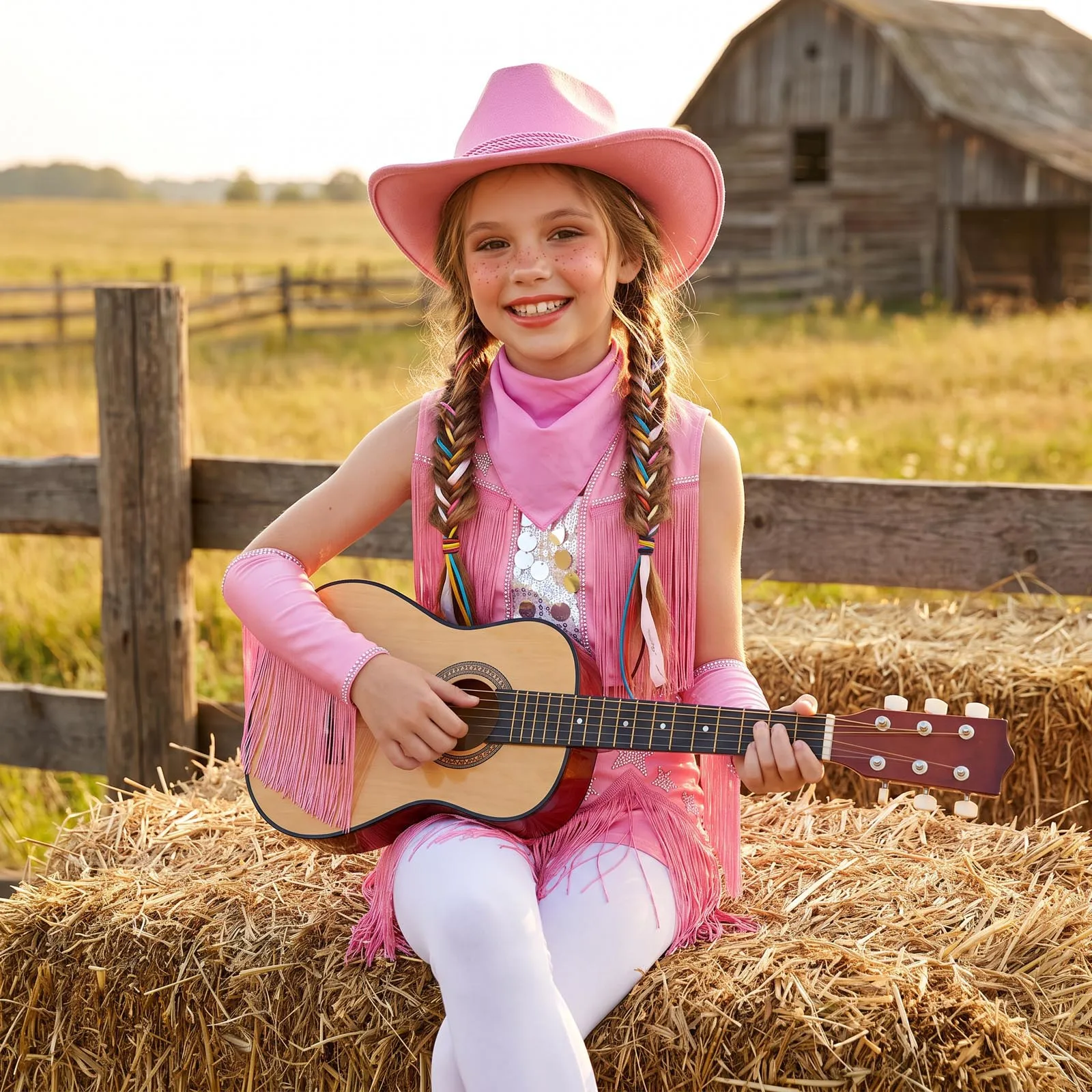 Kids Girls Halloween Western Cowboy Cowgirl Costume Latin Jazz Dance Outfit Tassel Crop Vest Tops with Skirt Gloves Hat Kerchief view 5