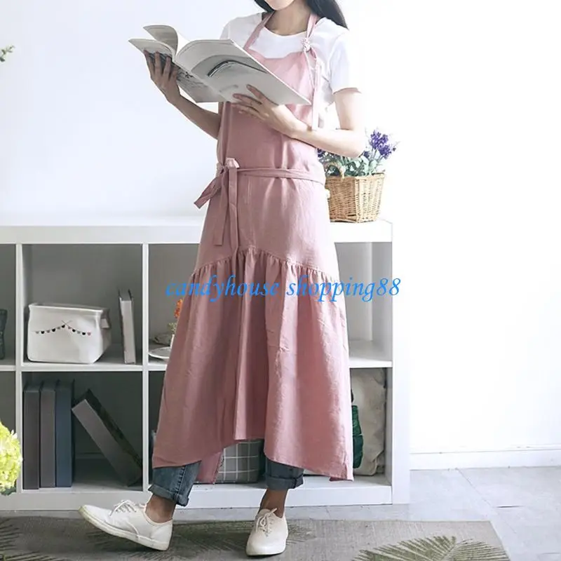 

D7YE Cotton Linen Apron Women Plain Work Apron Pinafore Dress for Cooking Gardening