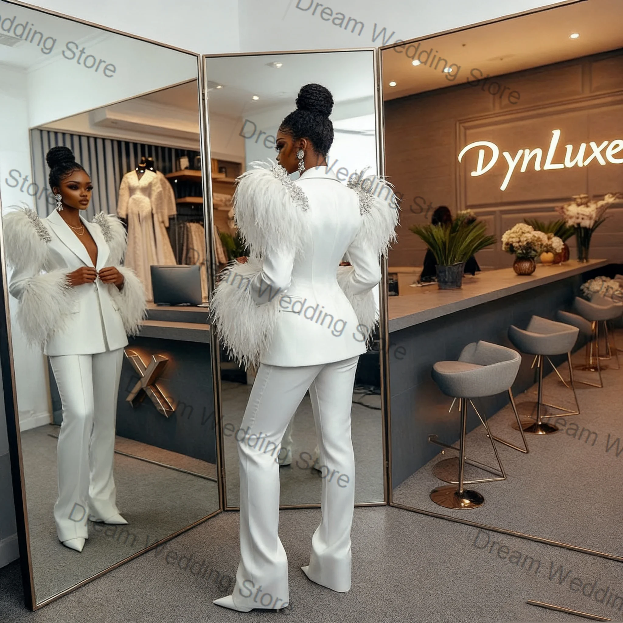 Feather Crystals Women Suit Set 2 Pcs Blazer+Pants White Cotton Spring Formal Office Lady Jacket Customized Wedding Guest Coat image 3
