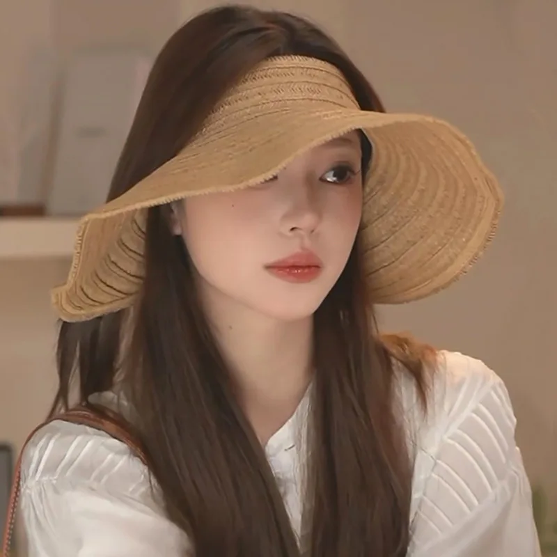 2026 New Summer Wide Brim Uv Protection Empty Top Straw Hat For Women Foldable Full Face Sun Shade Adjustable Beach Vacation Cap