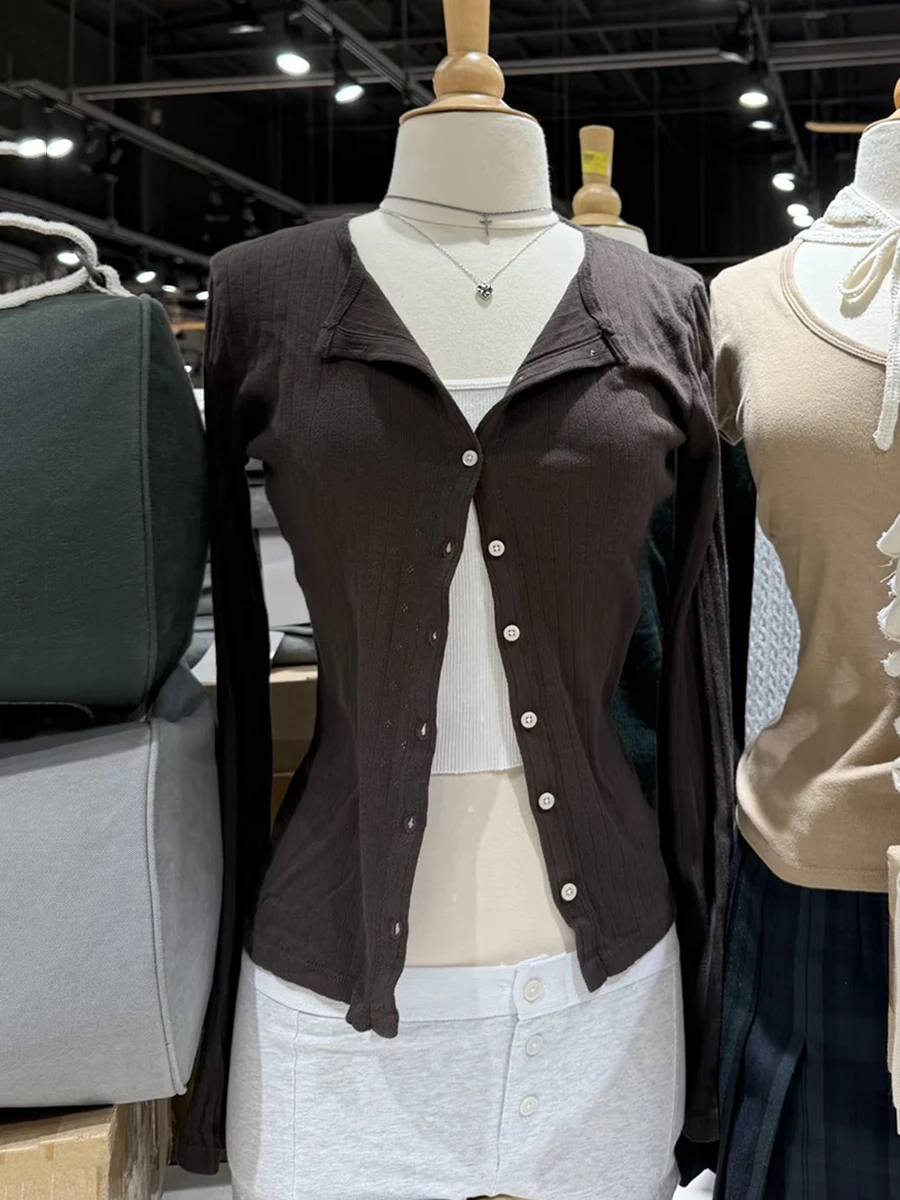 

New Eyelet Long Sleeve T-shirt Cardigan Woman O-neck Single Breasted Cotton Slim Tee Tops Vintage Streetwear Brown Tshirts