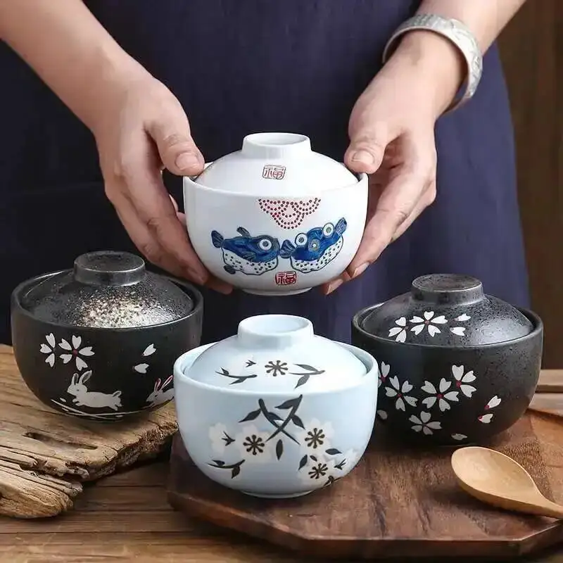Japanese Ceramic 4.25Inch Stew Pot Bowl With Lid Steam Egg Soup Bowl Steaming Cup Slow Cooker Home Restaurant Tableware