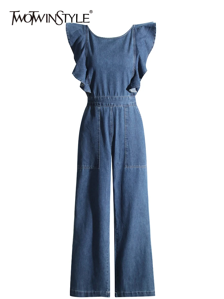 TWOTWINSTYLE Denim Solid Jumpsuits For Women Ruffles Square Collar Sleeveless High Waist Wide Leg Pants Summer Jumpsuit Female