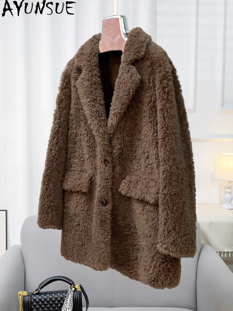 아윤수 100% 천연 양모 여성용 코트 2025 겨울 양털 코트 여성 의류 패션 슈트 칼라 퍼 코트 여성 의류