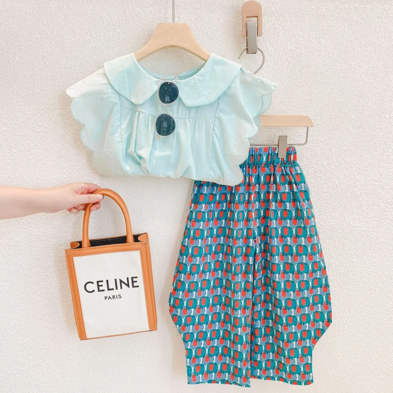 

Girls' Suit Hong Kong Style Doll Collar Wavy Sleeveless Top Wide Leg Pants Two-Piece Set