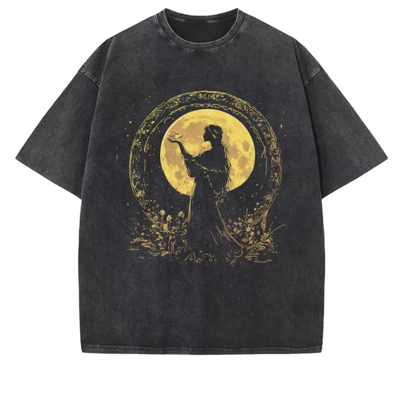 Vintage Moon Goddess Tshirt Men Women Washed Vintage Goddess T Shirt Witchy Clothing Comfortable Loose Short Sleeve Clothes