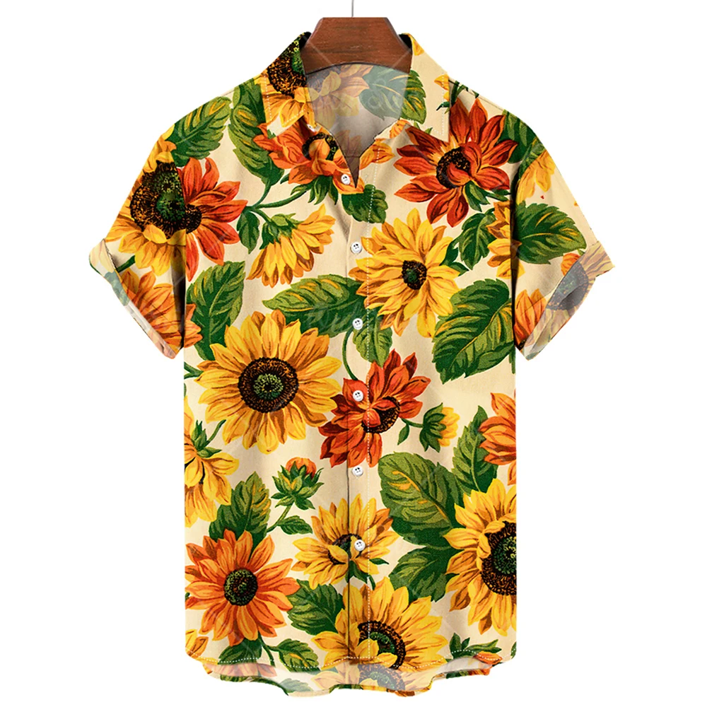 

2023 Hawaiian Men's Shirts Sunflower Print Shirts for Men Lapel Fashion Short Sleeve Men's Clothing Loose Oversized Tops Summer