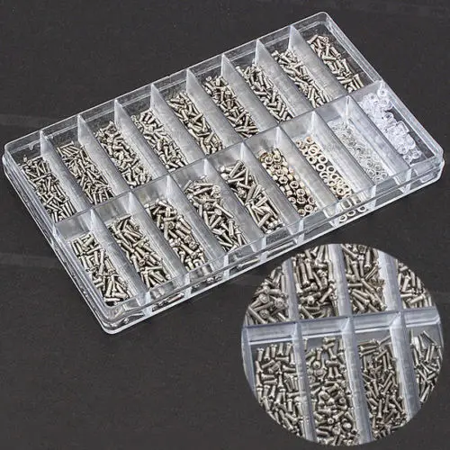 1 scatola multi-dimensione confezione da 1000 pezzi di alta qualità in acciaio inossidabile e plastica micro piccole viti kit di assortimento di dadi parti di orologi in vetro