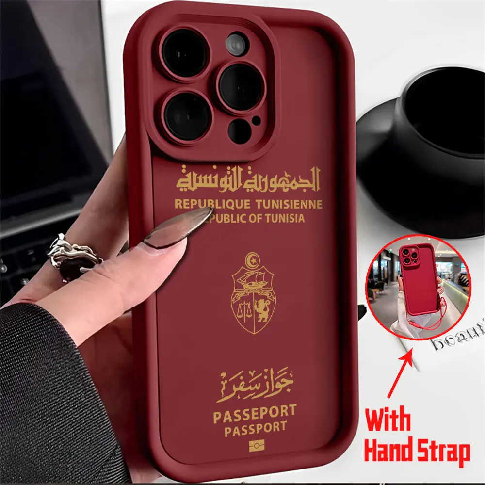 Tunisia Passport Phone Case for IPhone 15 14 13 12 11 Pro Max Mini XR XS X 7 8 Plus Soft TPU Back Cover With Hand Strap