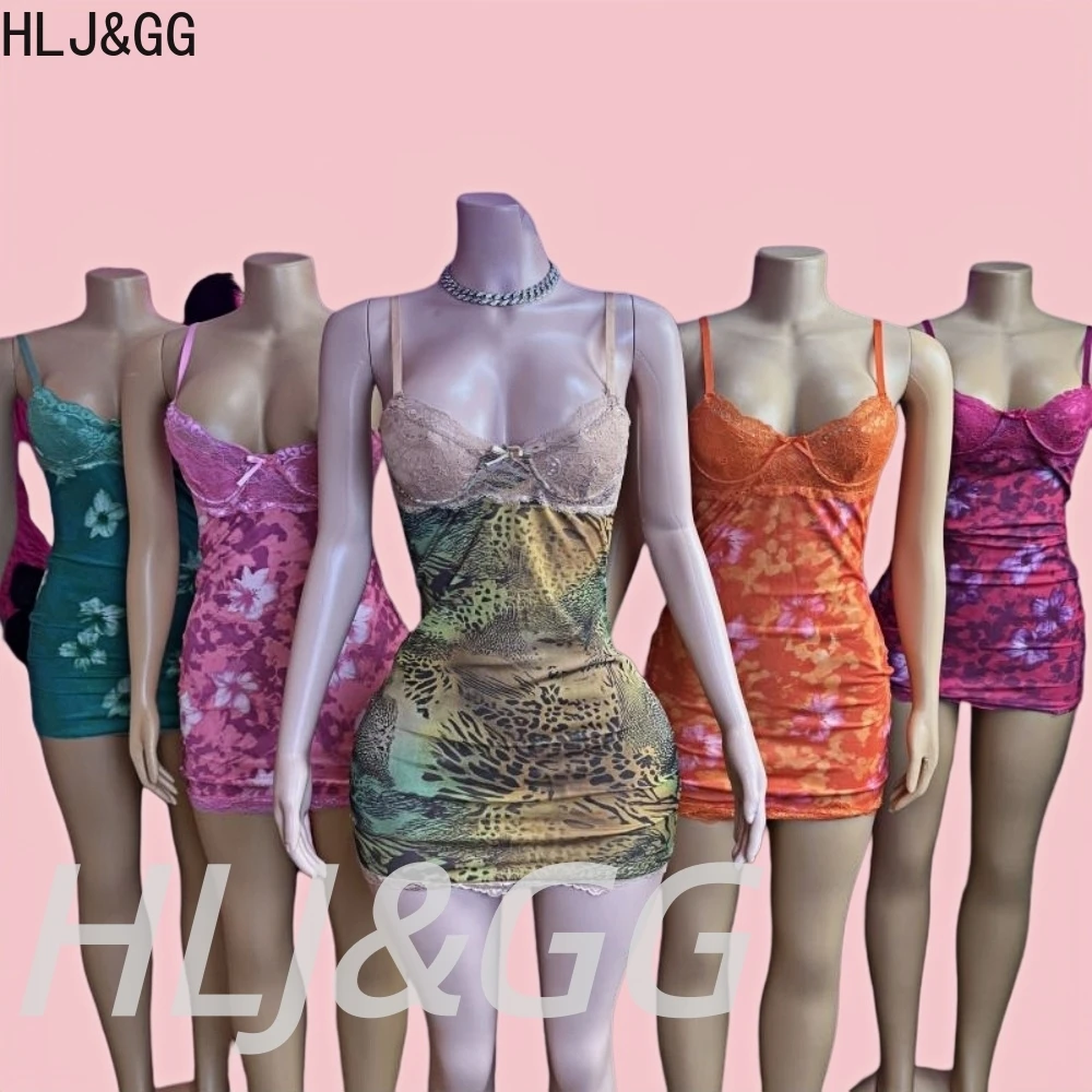 HLJ&GG Sexy Leopard Print Lace Spaghetti Strap Bodycon Mini Dresses Women Sleeveless Backless Slim Vestidos Summer New Clothing view 3