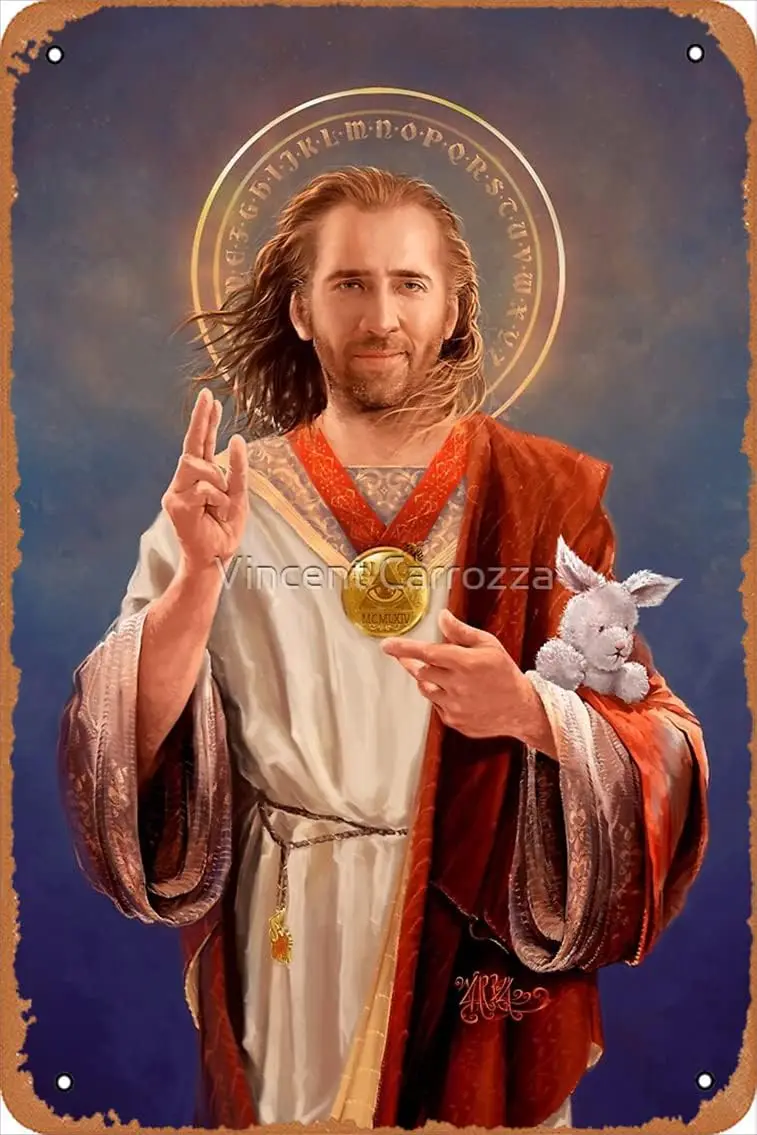 Saint Nicolas of Cage - Nic Cage Original Religious Painting Poster Metal Tin Sign Vintage 8x12 Inch