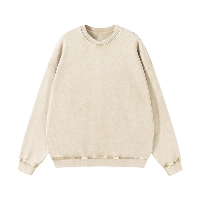 كنزة رجالية فضفاضة مغسولة برقبة مستديرة ، أنماط الأمريكية ، مكشوفة الكتفين ، كنزة صوفية بسيطة للزوجين ، ملابس هيب هوب ، 350 جم/متر مربع