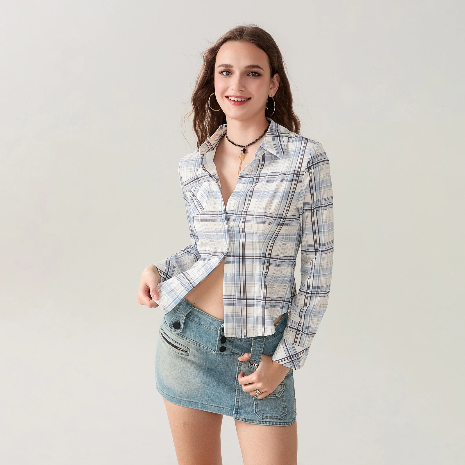 

Women’s Fall Plaid Print Shirts Casual Long Sleeve Button Down Slim Fit Curved Hem Cropped Tops