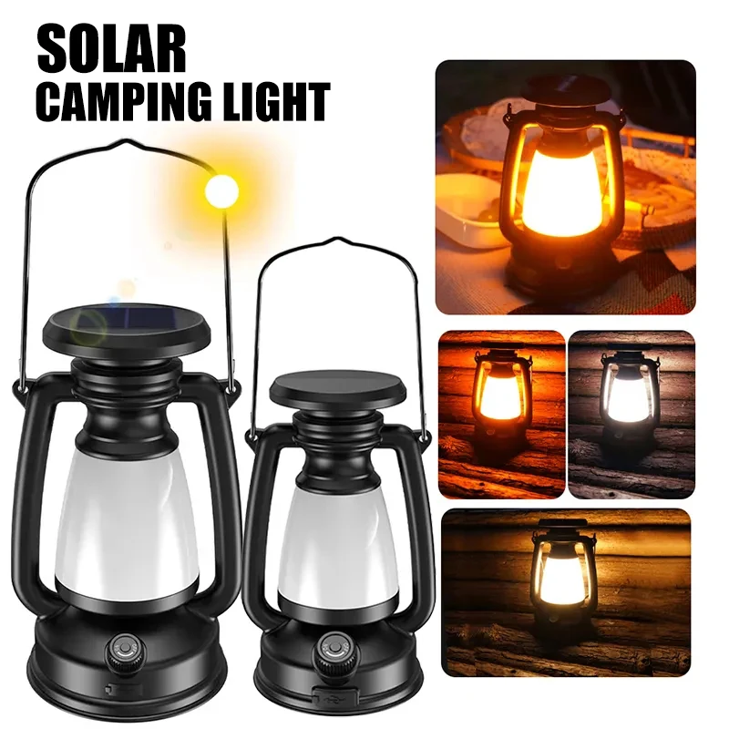 Portable Solar Camping Lamp USB Rechargeable Hanging Tent Lantern Stepless Dimming Of Cold And Warm Light Camping Lamp