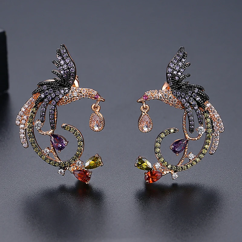 LUOTEEMI Vintage Unique Colorful Rainbow Jewelry CZ Phoenix Stud Earrings for Women Animal Bird pendientes for Bridal Wedding