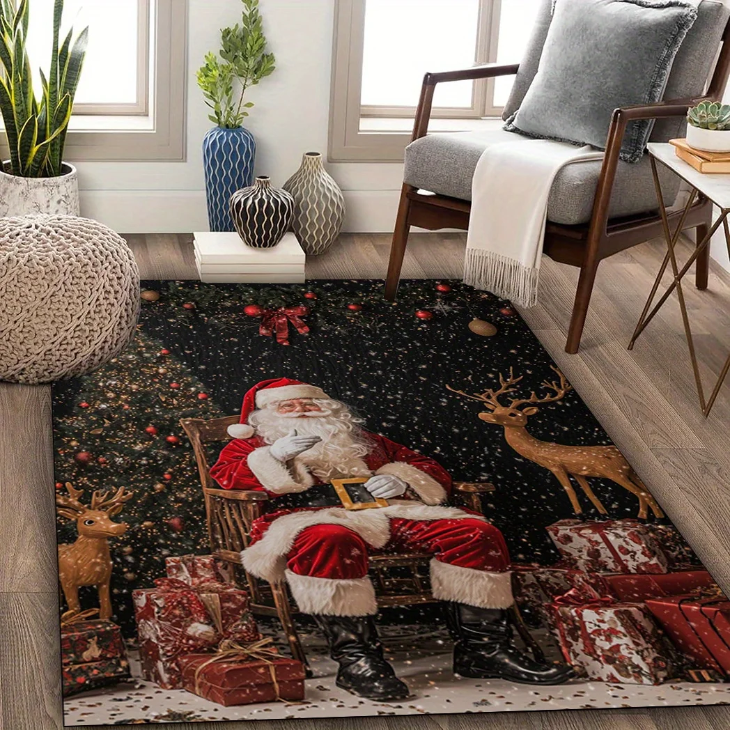 1pc Santa Reindeer Gift Pattern Area Rug, Large Size, Washable, Ideal Christmas Home Decor, Perfect for Dining Room Hall Bedroom