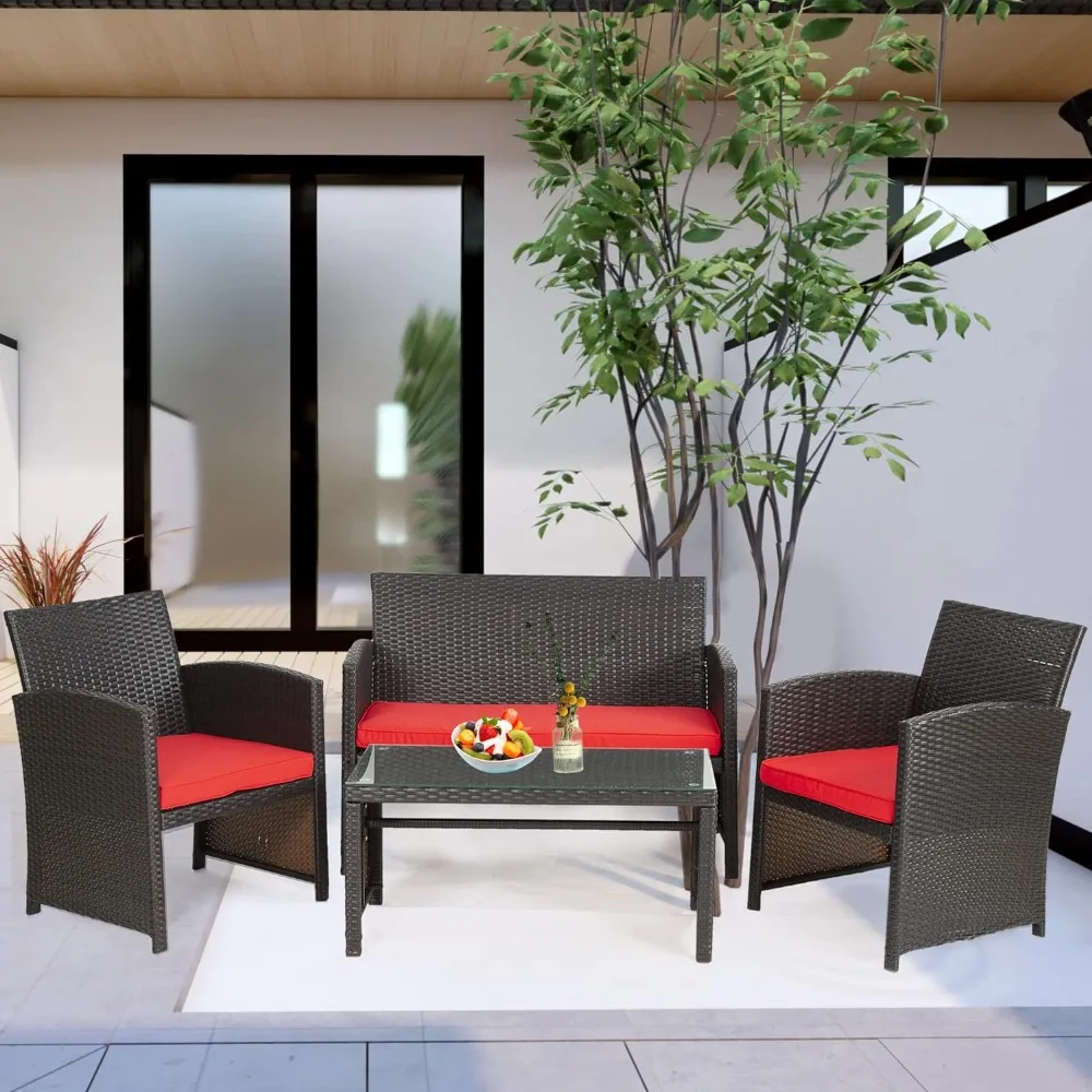 

4 Pieces Patio Furniture Set with Glass Table, Patio Furniture Set