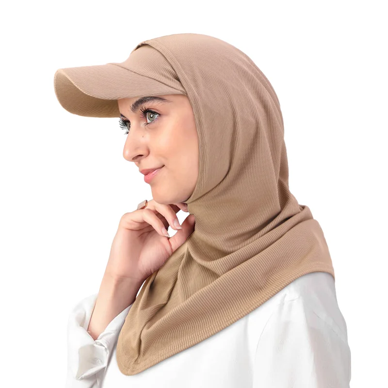 女性用ムスリムヒジャブ2点セット アミラスタイル帽子付きヘッドスカーフ インスタントターバン ヘッドネックカバー アウトドア日よけフード付きラップ 女性用
