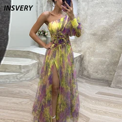 Sexy Contrasting Color Flower Print Party Dress Women Fashion One Shoulder Sleeve Long Dresses For Women Evening Robe