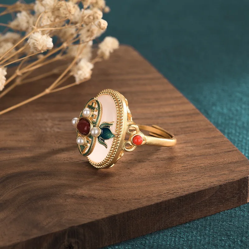 Ancient Law Inheritance Gold-Plated Palace Chinese Style Elegant Ring Enamel Color White Jade South Red Pearl Ring Women Jewelry