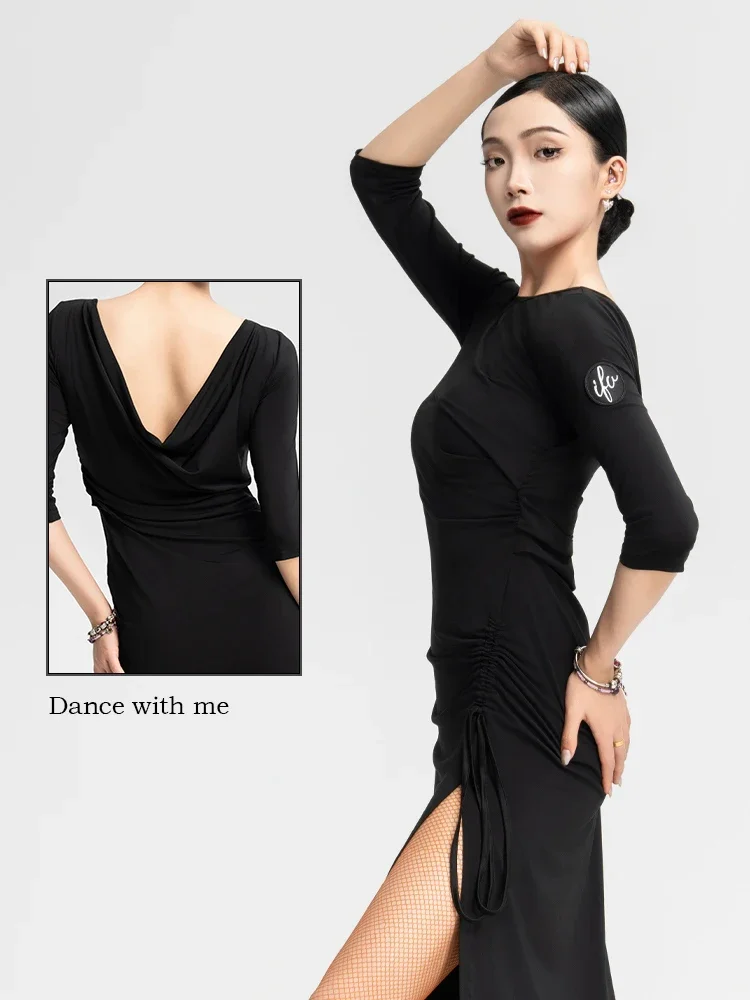 Nowa sukienka do tańca latynoamerykańskiego dla kobiet na rok 2024, seksowna sukienka z rękawami do połowy ramienia, ze sznurkiem i rozcięciem, do chacha, rumby, tanga, kostiumy latynoskie dla dorosłych DN18756