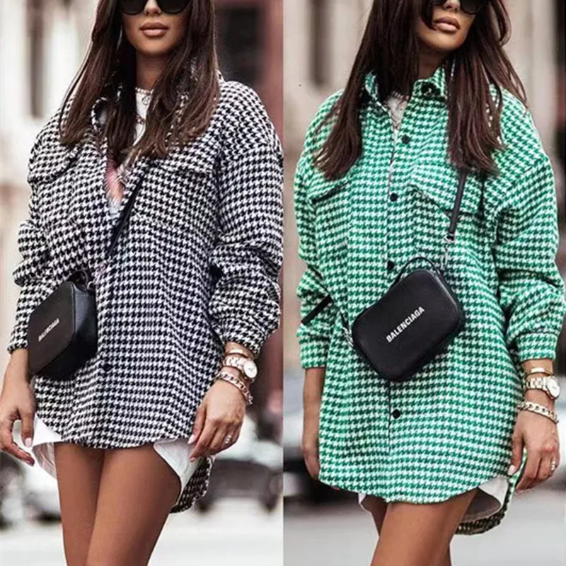 

Autumn Winter Casual Faion Long Sve Plaid Women irt Street Sle Straight Cut V-Ne Button up Mid-Length Printed