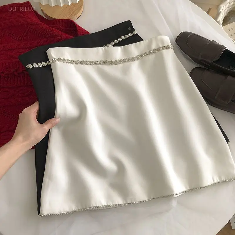 Rhinestones Women Skirts A-line Korean Fashion Solid Spring Summer Faldas Mujer High Waist Sweet Elegant Mini Skirt
