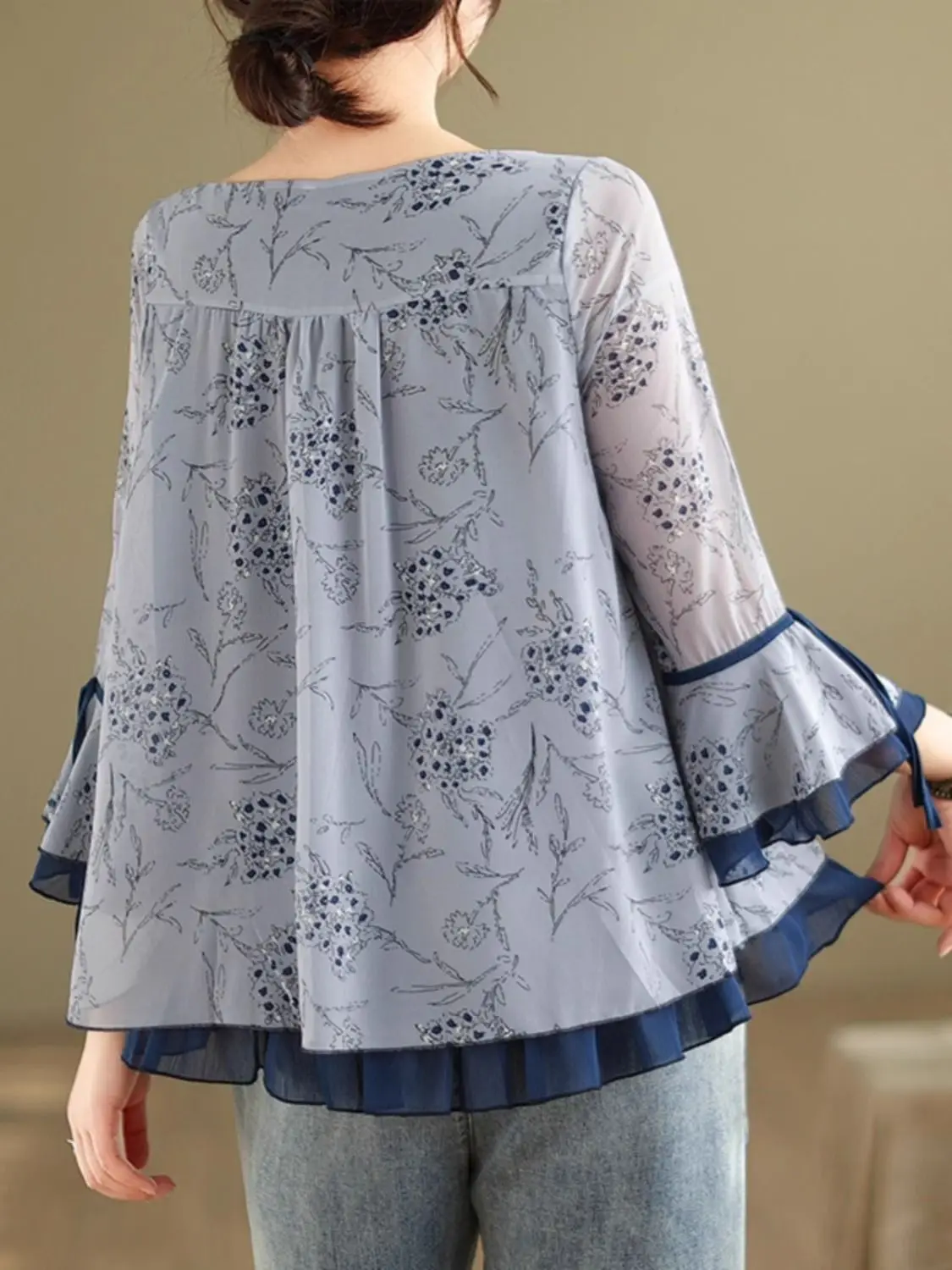 花柄シフォンブラウス女性フリルフレア Seelve レトロルーズトップスオフィスレディカジュアルウェアシャツ特大