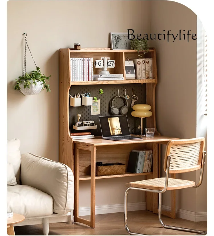 

Nordic medieval solid wood desk bookshelf integrated multi-functional folding