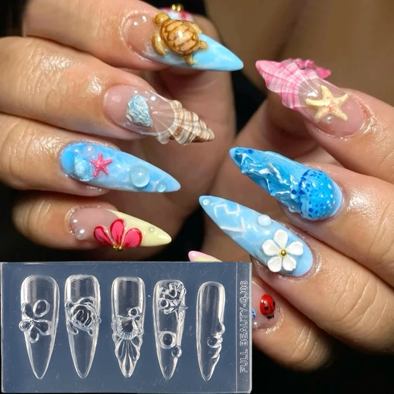 Summer Beach Silicone Nail Molds 3D Seashell Starfish Tropical Flower Carving Template Cute Octopus Turtle Gel Polish Stencils