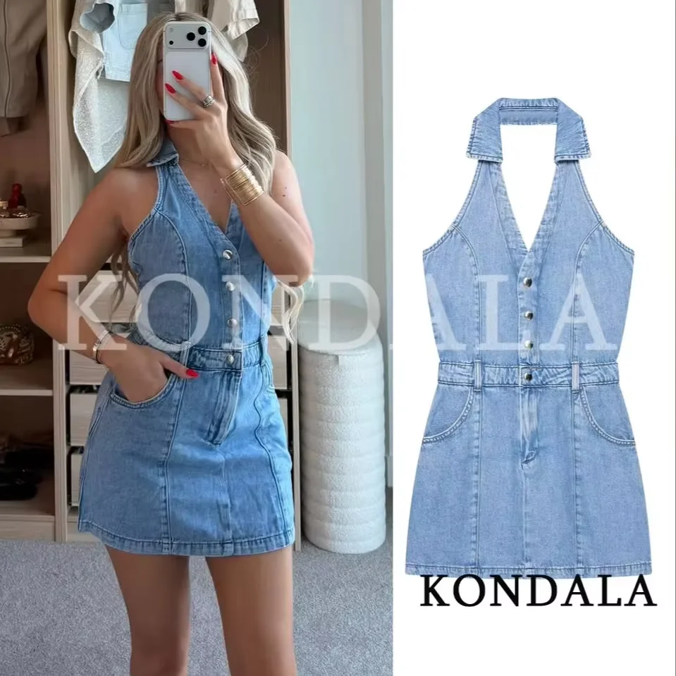 KONDALA Women Elegant Chic Denim Halter Dress 2026 Summer Trendy High Street Holiday Mini Dress Female Commute Casual Slim Dress