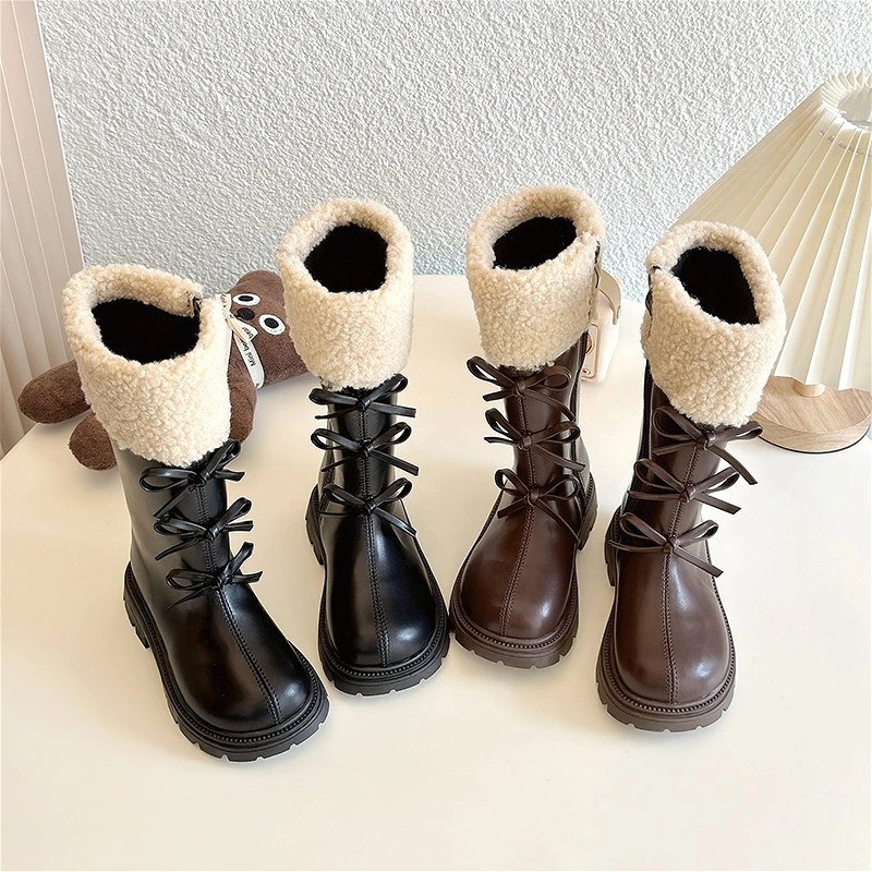 

Girls 2025 Winter High Tube Leather Boots Princess Plush Lined Warm Cotton Fashion Kids Long Boots Luxury Childrens Casual Shoes