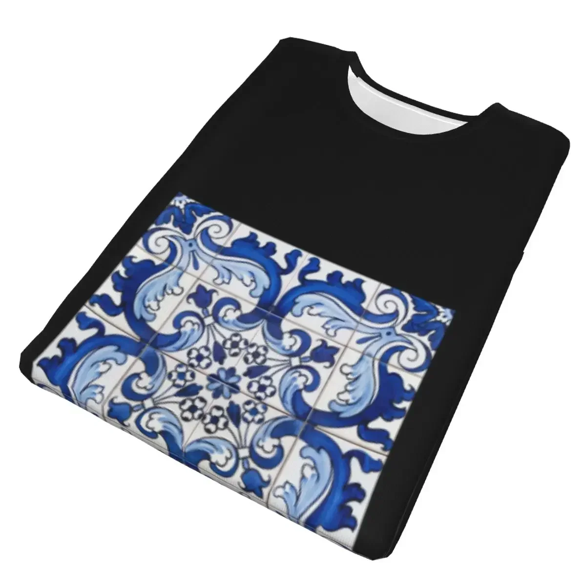 Antique Classic Lisbon Blue Azulejo Tile Floral Pattern polyester T-Shirt Men'sFashion T Shirts Men Round Neck Short Sleeve