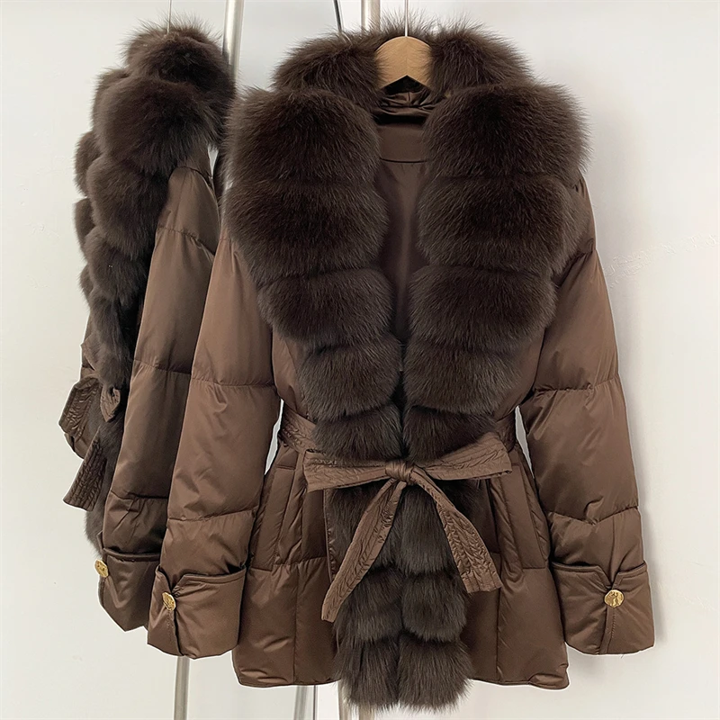 

2025 Winter New Style Oversized Fox Fur Collar Down Jacket for Women, Belt-Waist Fit, Luxurious Thick and Warm Down Fur Coat