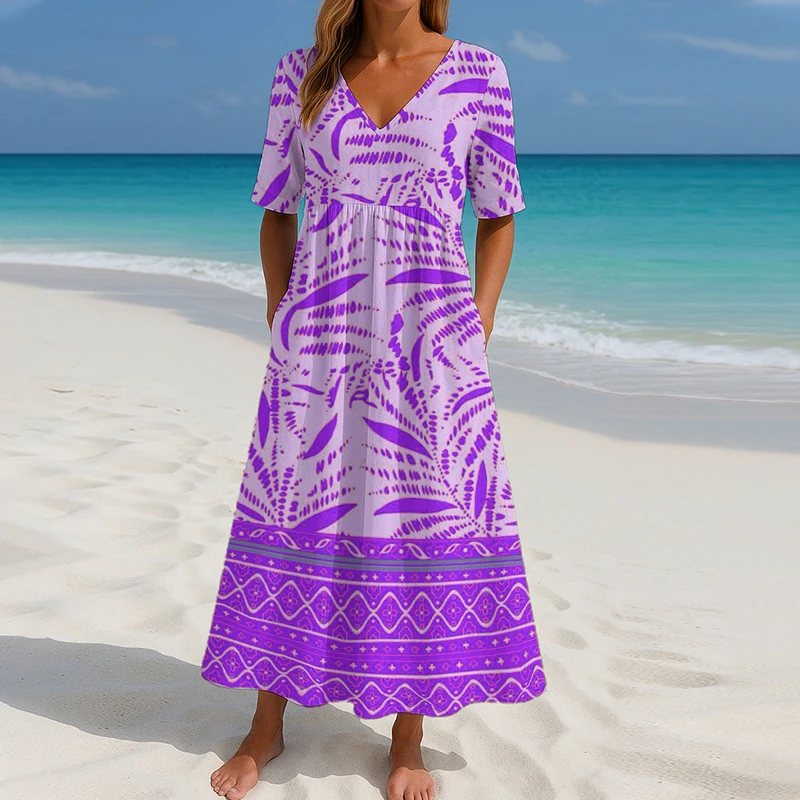 Letnia damska sukienka Luźne sukienki maxi dla kobiet Elegancka sukienka plażowa z krótkim rękawem w stylu vintage Boho