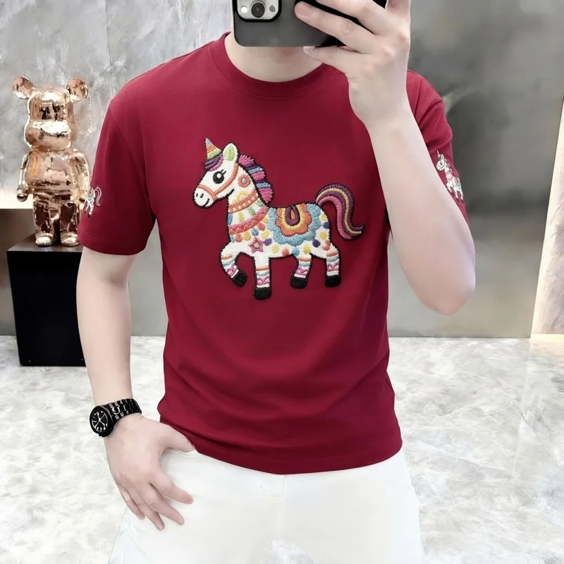 2026 Trendy Embroidered Short Sleeved T-shirt for Men Summer Round Neck Casual T-shirts Slim Creative Social Tee Men Clothing