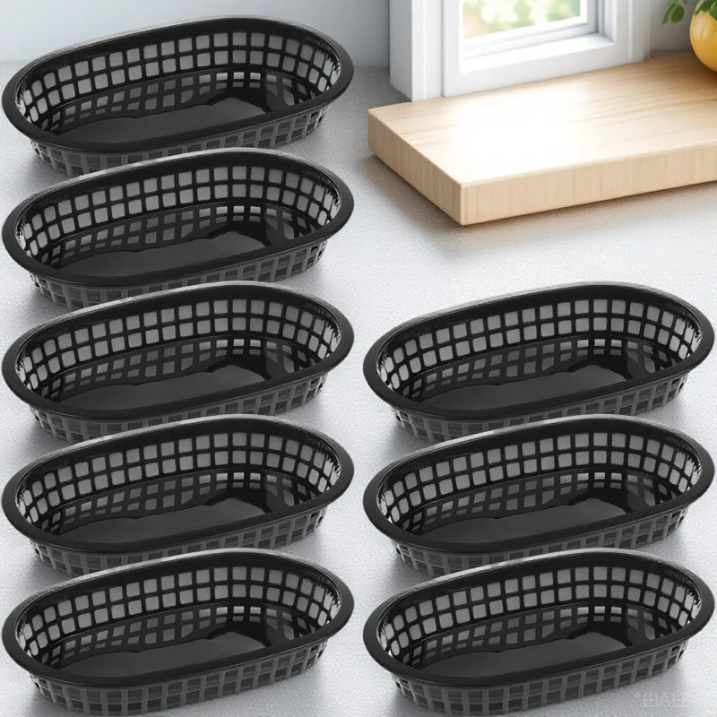 

12 шт. овальные прочные пластиковые сервировочные подносы для гамбургеров, куриные сэндвичи, картофеля фри, фруктов, штабелируемые компактные корзины для фаст-фуда