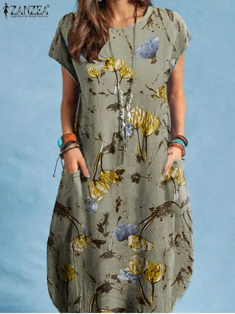 ZANZEA-Vestido de verano con estampado Floral para mujer, traje bohemio de manga corta con cuello redondo y bolsillos, elegante e informal, para vacaciones