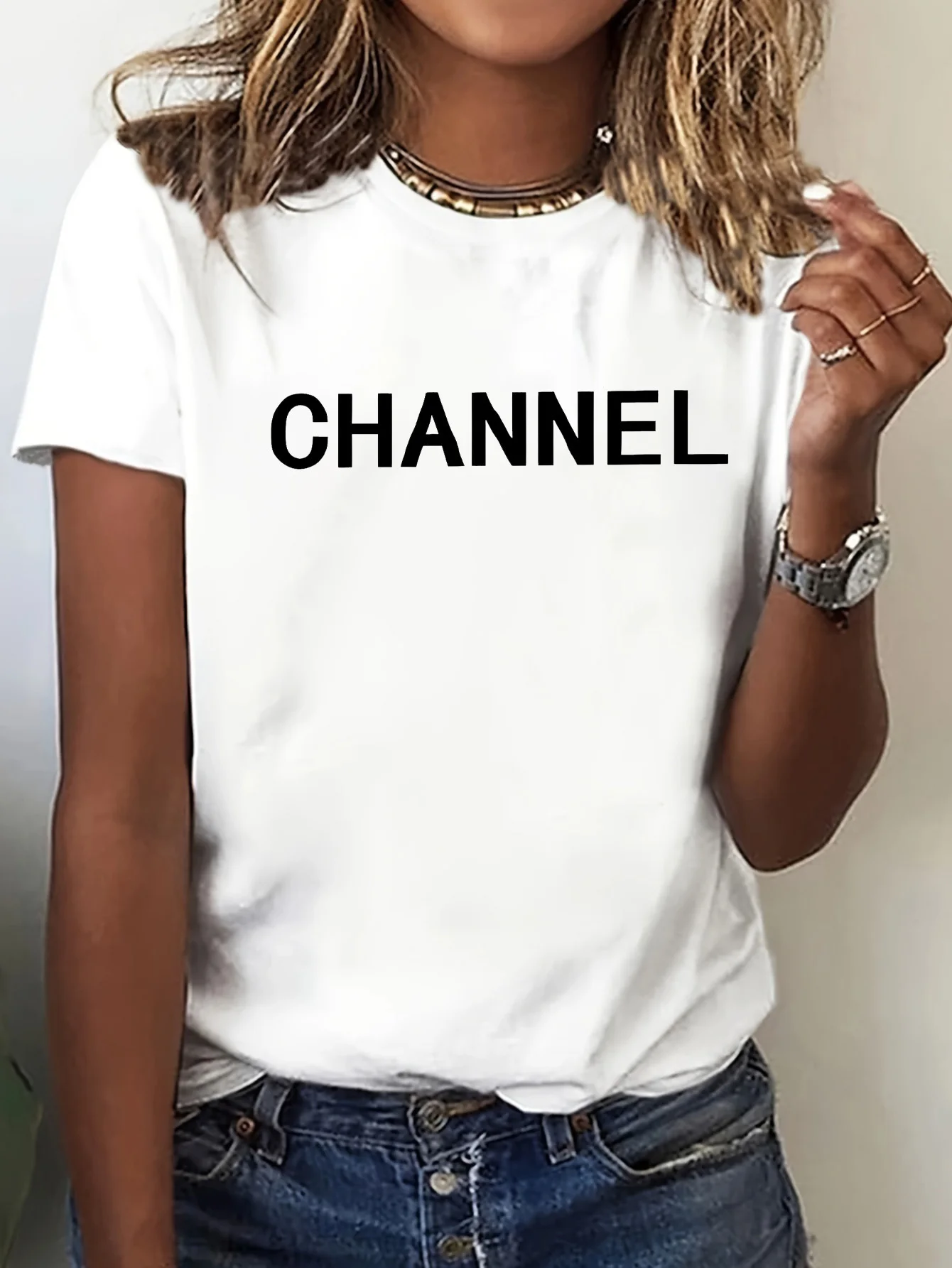 Machine Washable Women's Casual Elegant Fashion CHANNEL Graphic T-shirt - Crew Neck Short Sleeve Top