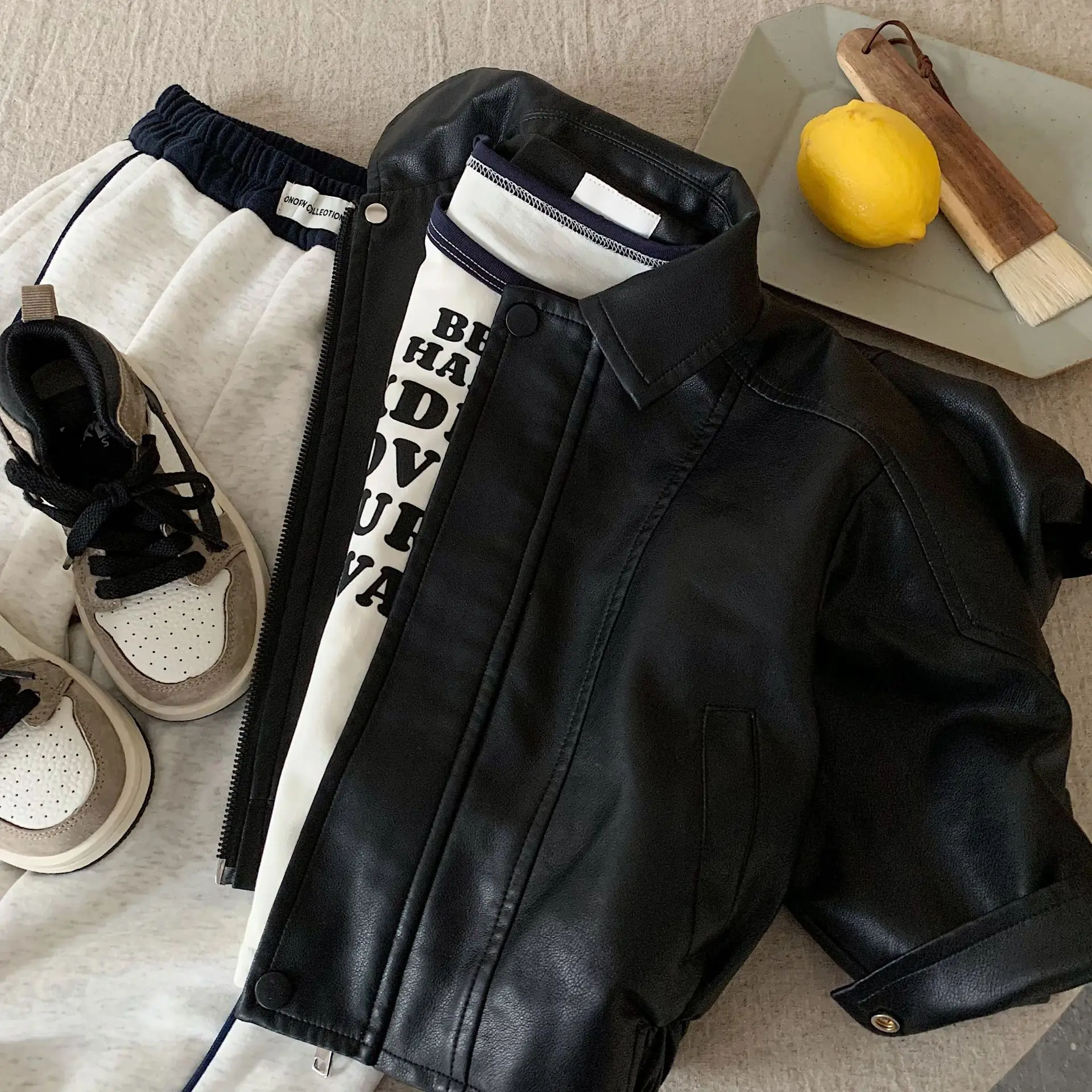 123  Spring Autumn Girls Boys Leather Jacket Solid Color Lapel Handsome Motorcycle Zipper Coat For Kids Fashion Pu Outwear 2-8 Y
