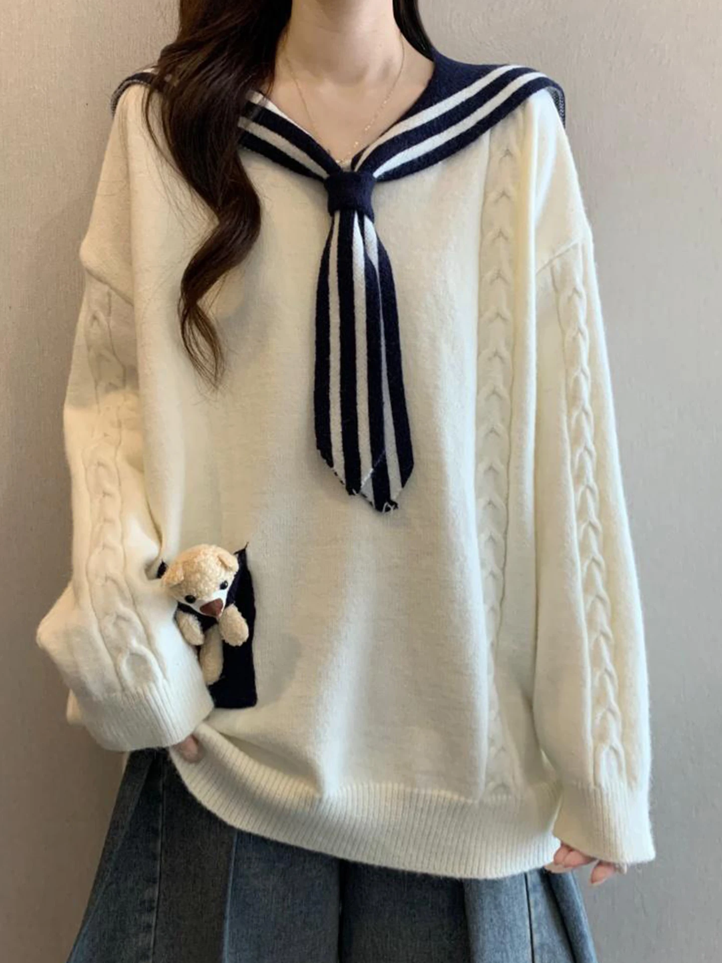 

Свитер женский свободного кроя с воротником-стойкой и принтом медведя, осенне-зимний, больших размеров, милый, омолаживающий, вязаный топ для повседневной носки