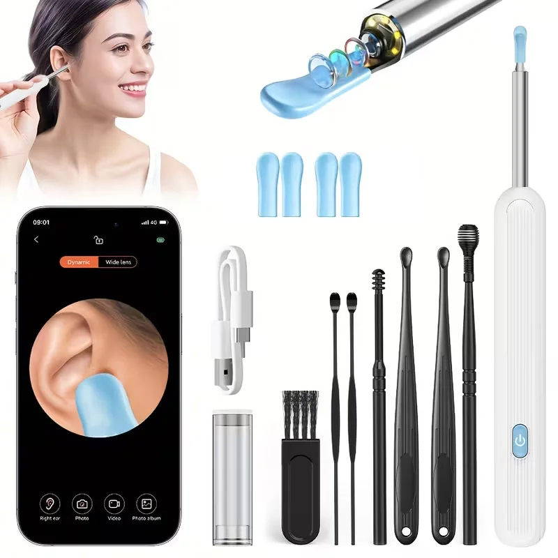 

Набор для чистки ушей с камерой и подсветкой, 6 ушных ложек, умный перезаряжаемый очиститель ушей, безопасный и простой в использовании домашний инструмент для чистки ушей