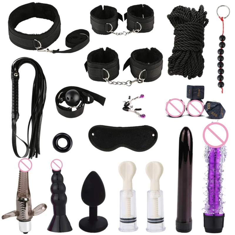 

Erotic 20 Pieces Rope Bondage Restraints SM Sex Toy for Couples Beginner Whip Handcuffs-Nipple Clamps Fluffy Collar Set New