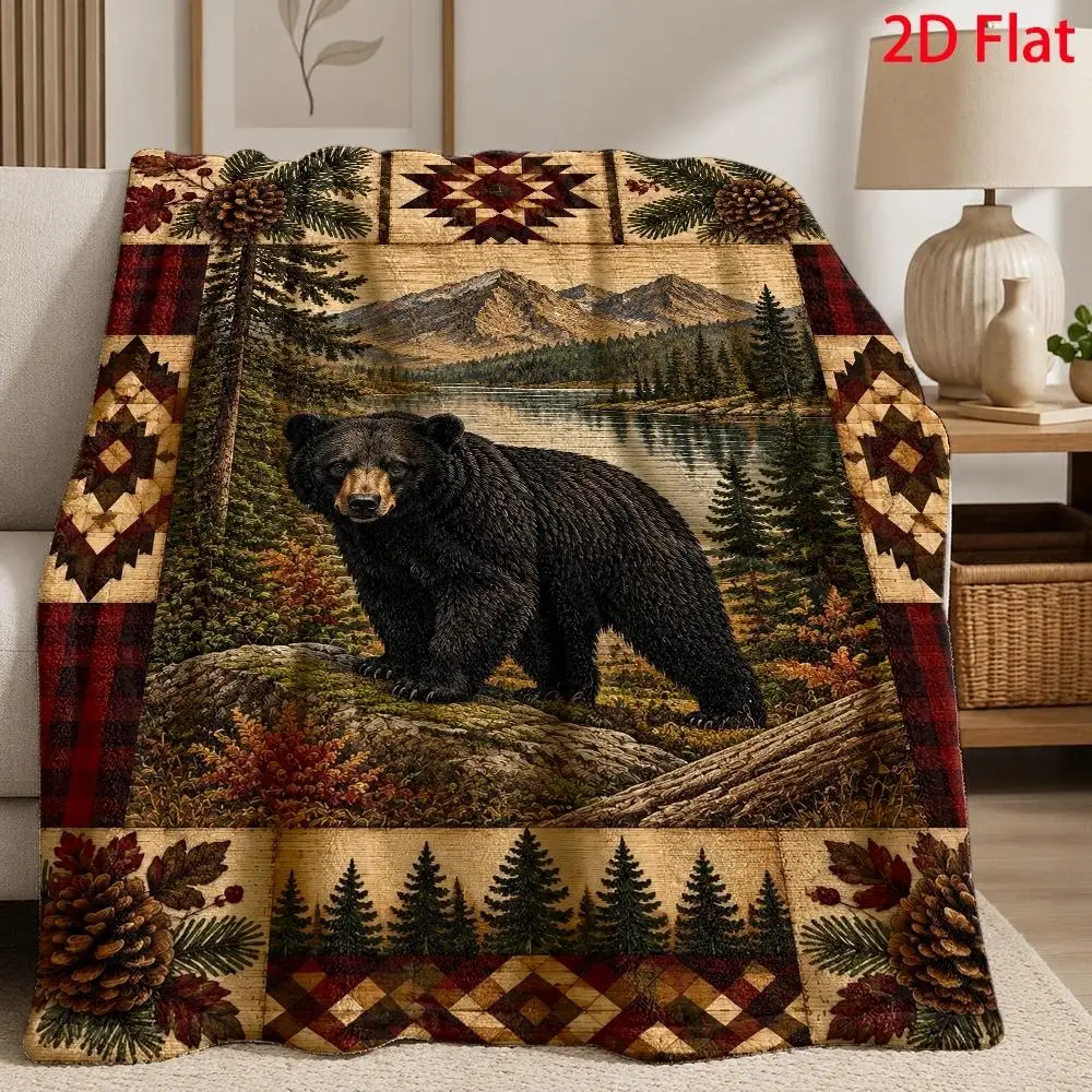 2D Flat Pattern, 280G/Square Meter, Black Bear Lake Mountain Landscape Design, Flannel Blanket, Cute Printed Pattern, Suitable for Sofa, All-Season Use, Halloween and Christmas Room Decoration, Christmas Gift, Birthday Gift