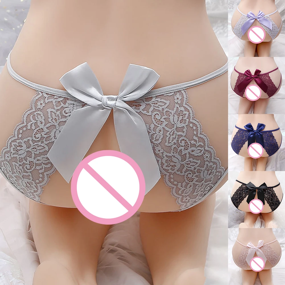 

Women Erotic Panties Sexy Hollow Out Crotchless Thongs Briefs Sheer Lace Knickers Big Bowknot Underpants Seductive Lingerie