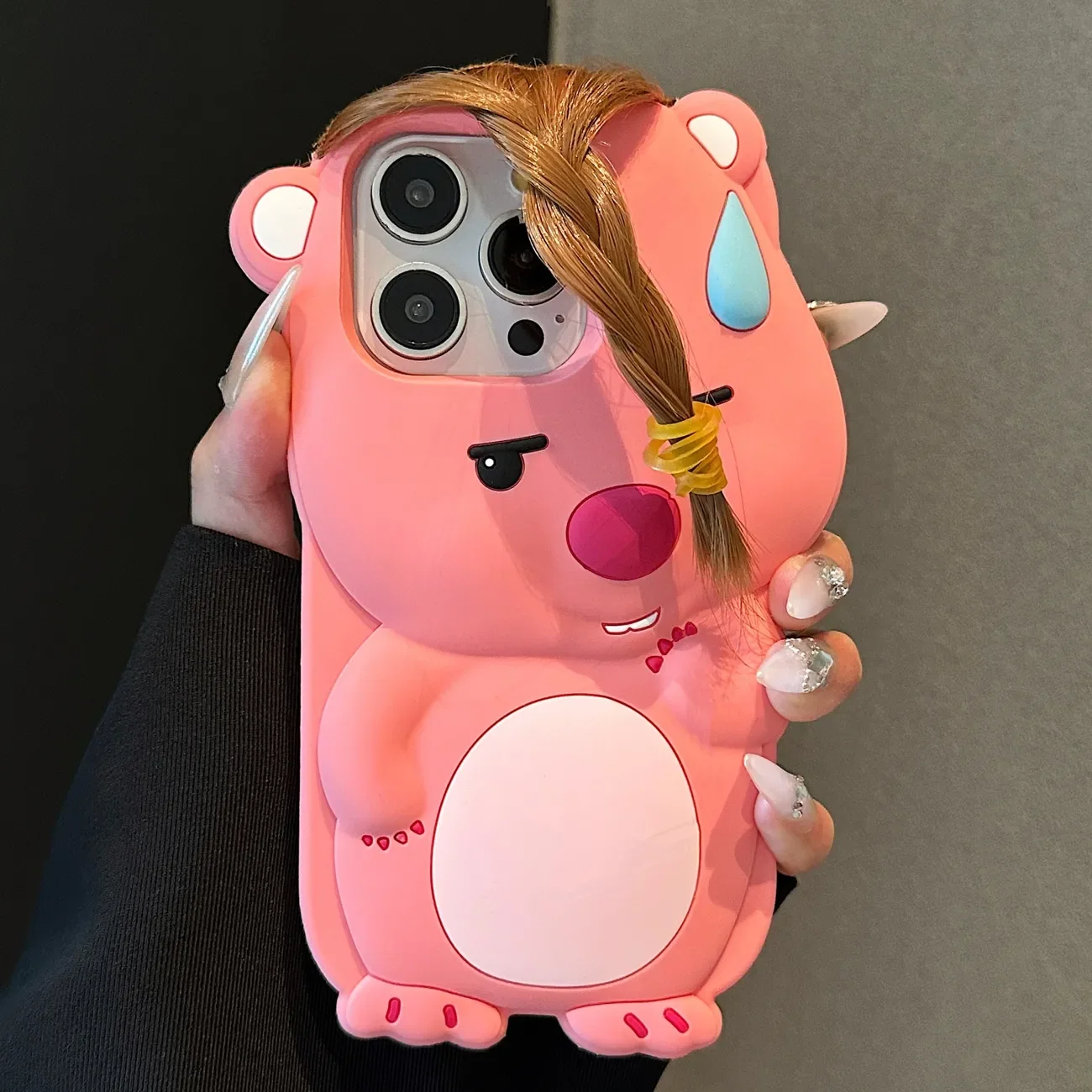 Hot Loopy Hair Fringe 3D Pink Funny Phone Case For iPhone 16 15 14 13 12 11 Pro Max Cartoon Y2K Girl Kawaii Speechless Cover