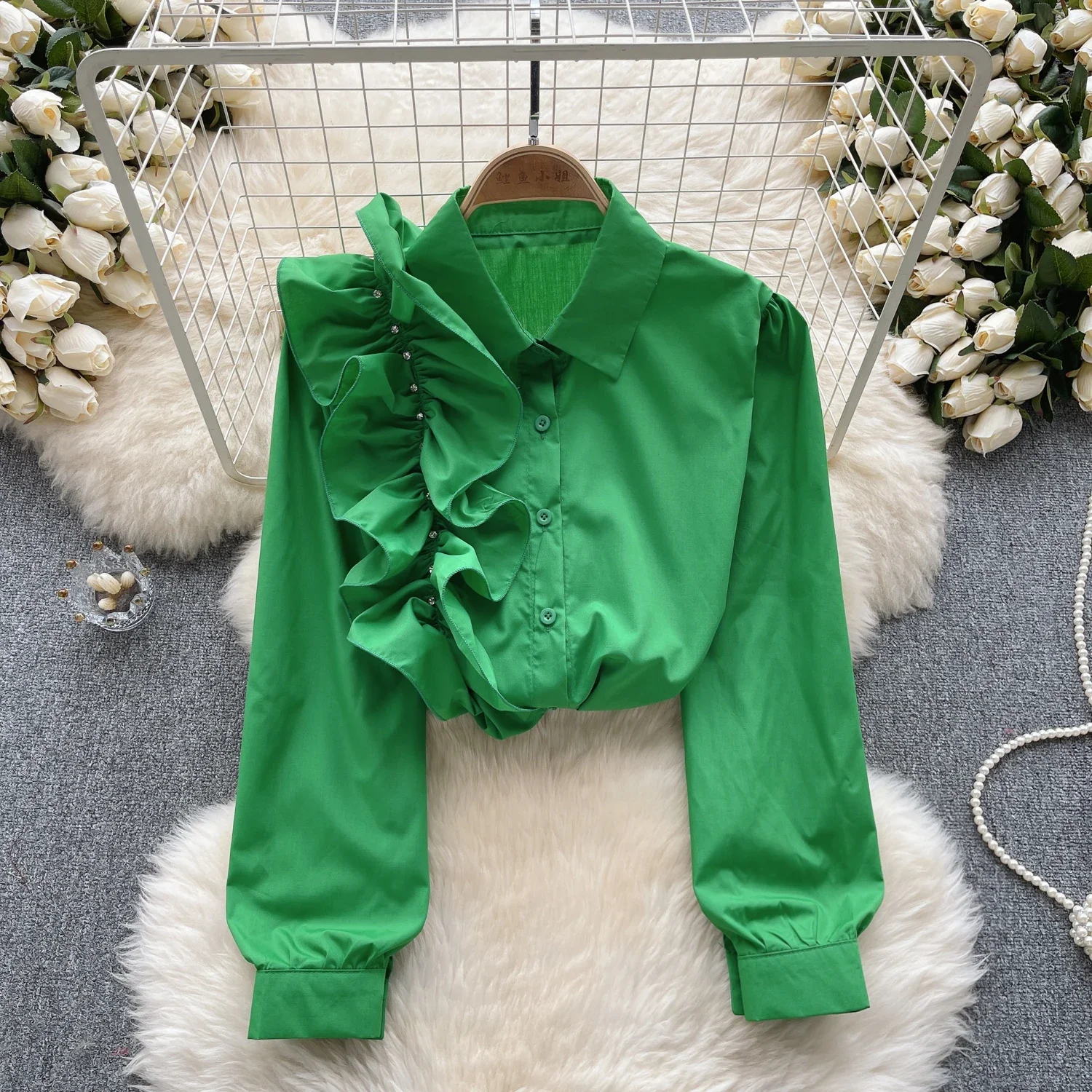 Chic Sweet Lantern Long Sleeve Lapel Ruffle Loose Blouse Elegant French Fashion Sexy Shirt Spring Autumn Women  Top